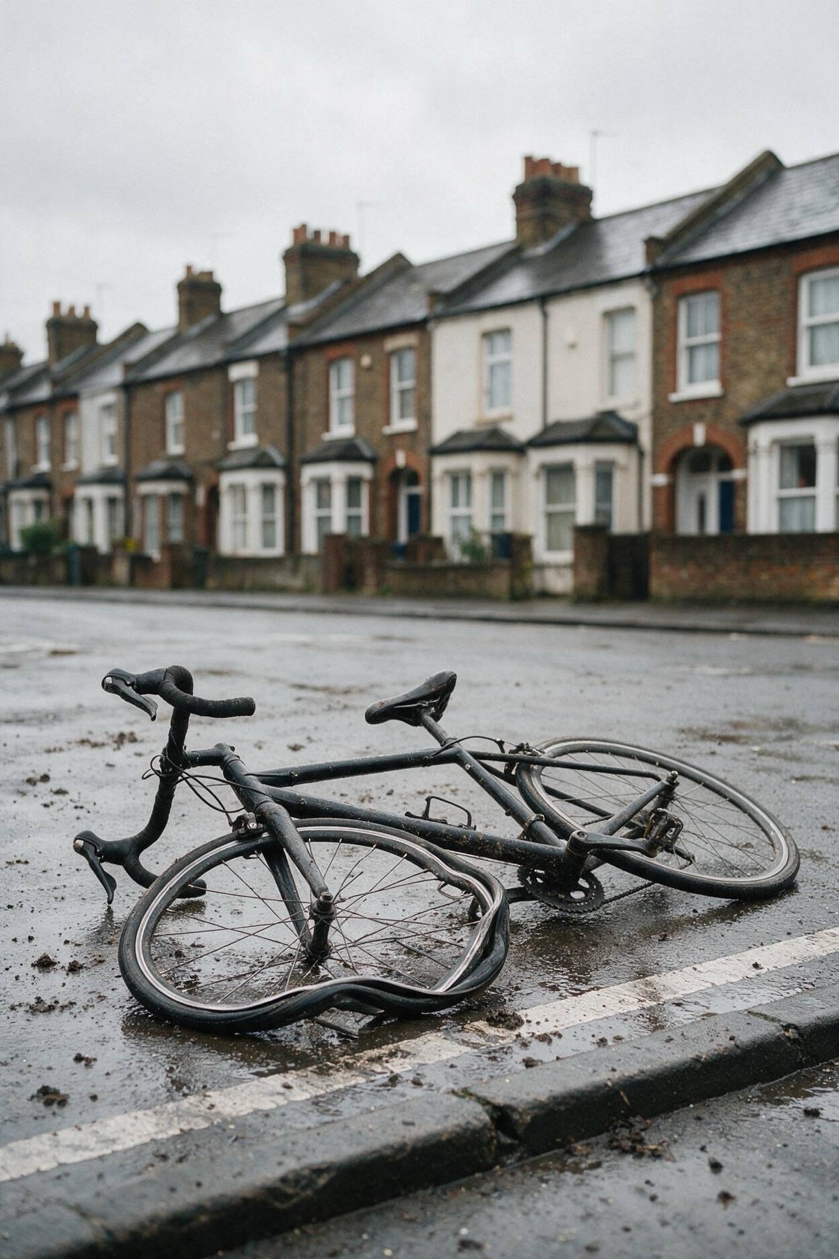 A road bicycle lying in the road with a badly buckled front wheel after a collision on a wet British street