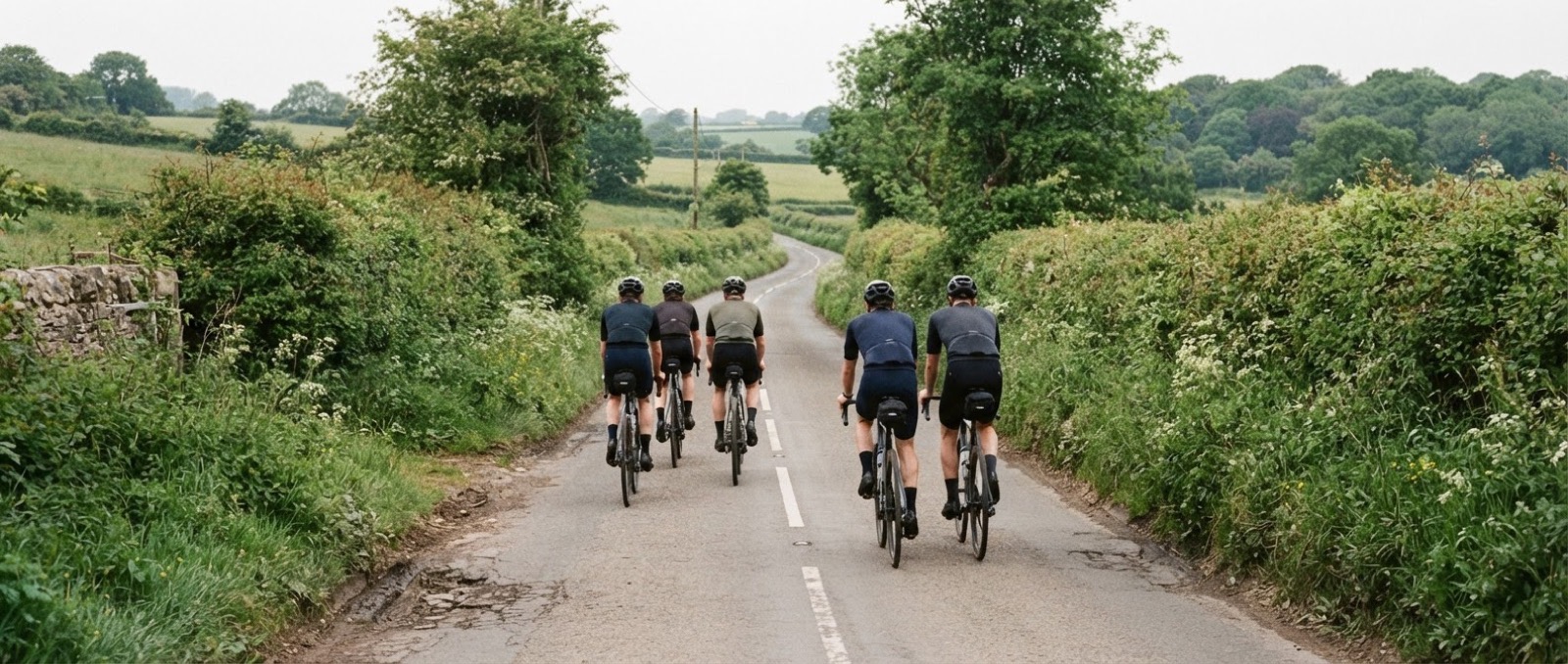 A small group of club cyclists riding two abreast on a British country lane
