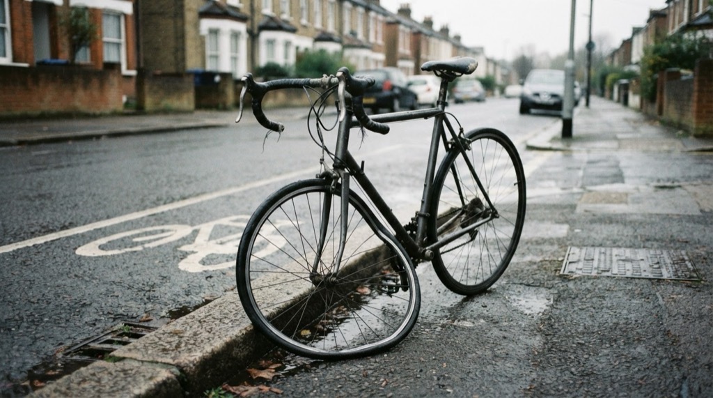 A road bicycle at the kerb on a British street beside a cycle lane marking