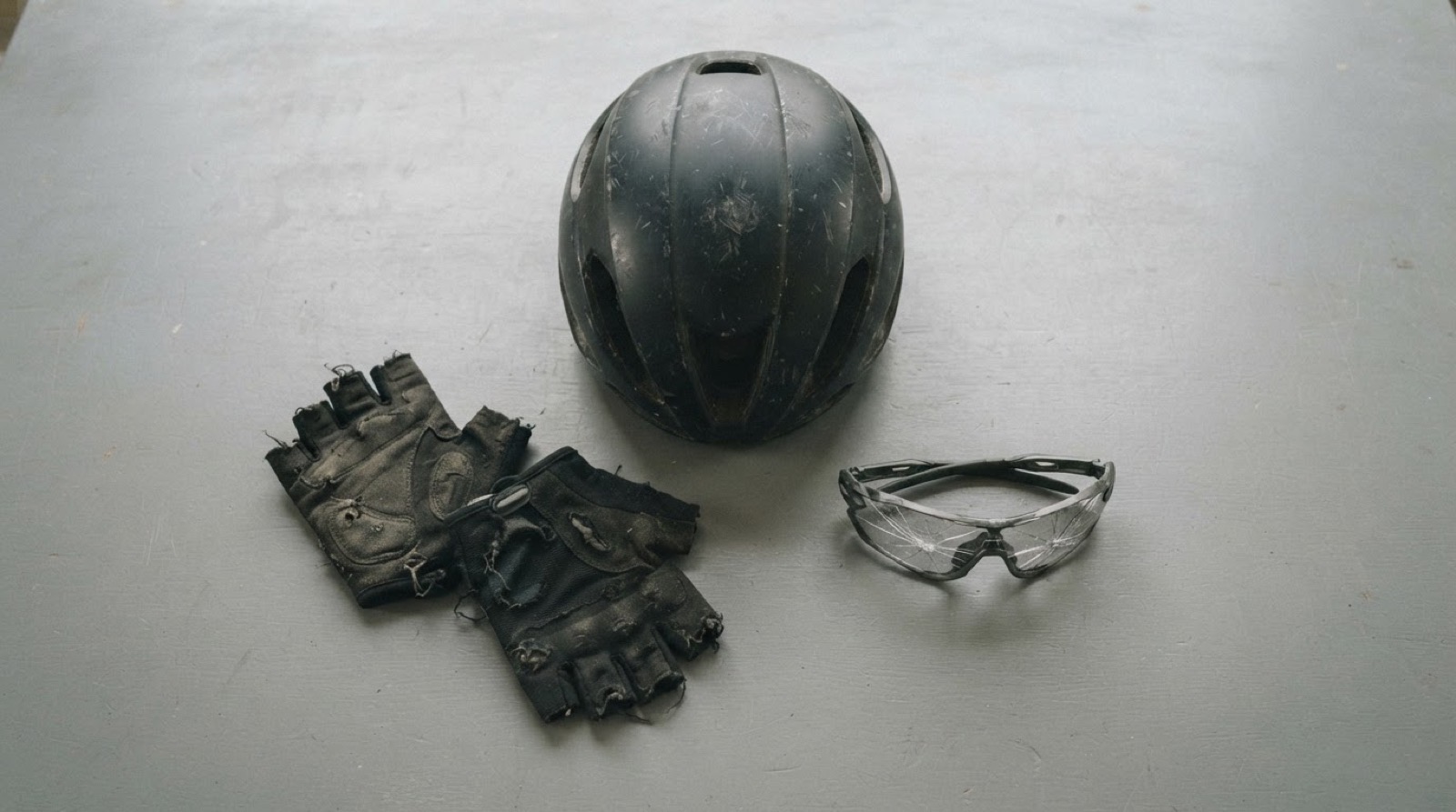 A scuffed cycling helmet, torn gloves and cracked glasses laid out on a table