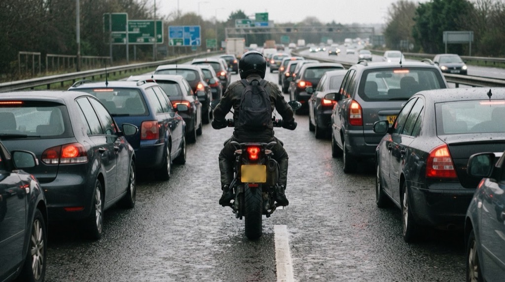 A motorcyclist filtering slowly between two queues of stationary traffic on a British dual carriageway
