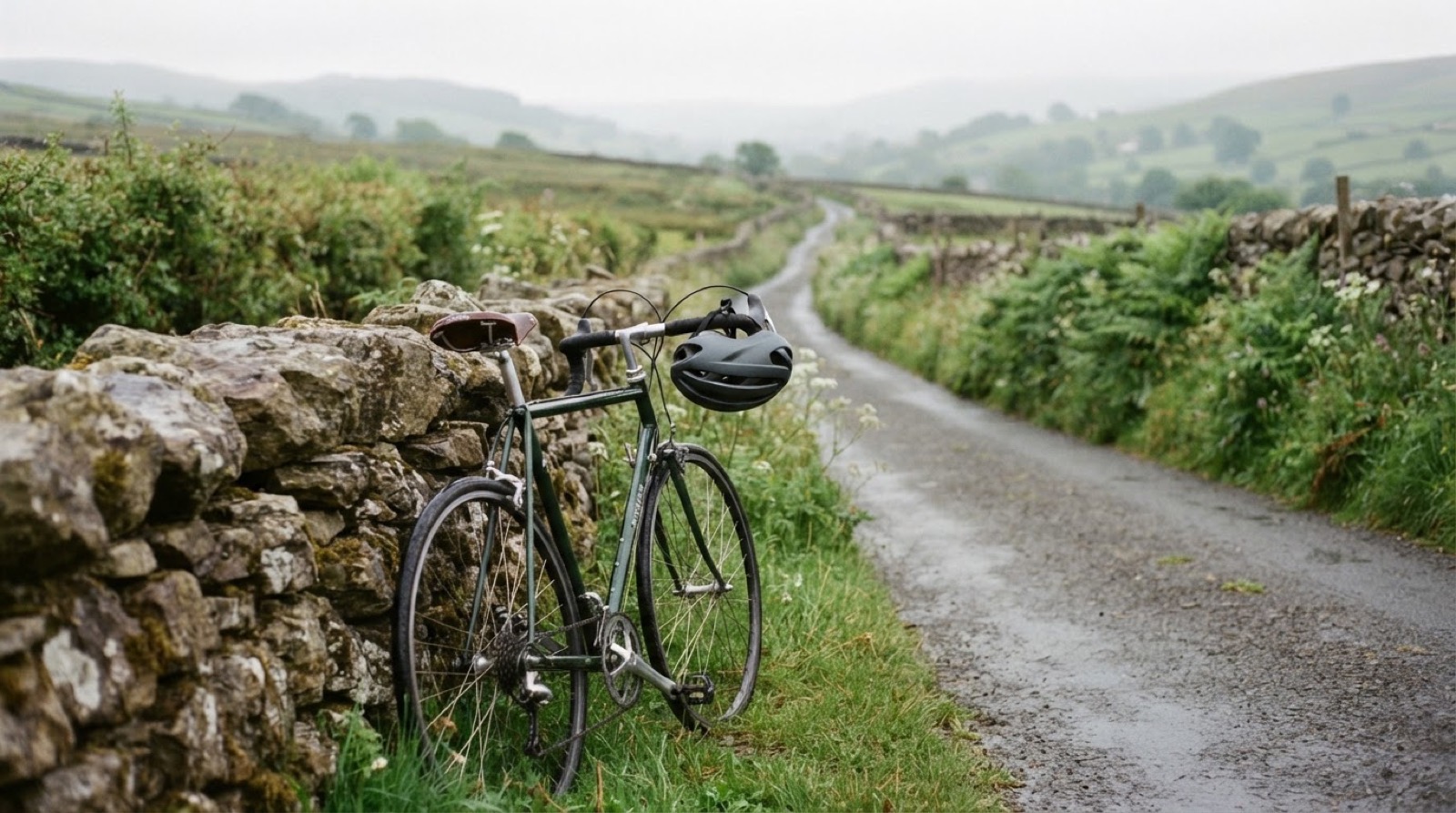 A cycling helmet resting on the handlebars of a road bike propped against a drystone wall