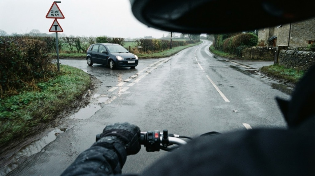 A motorcyclist's view of a British give way junction on a wet day, with a car waiting to emerge