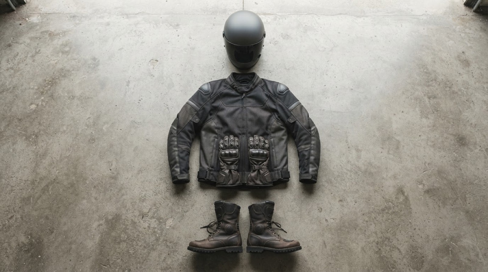 A full face helmet, gloves, armoured jacket and boots laid out on a concrete floor