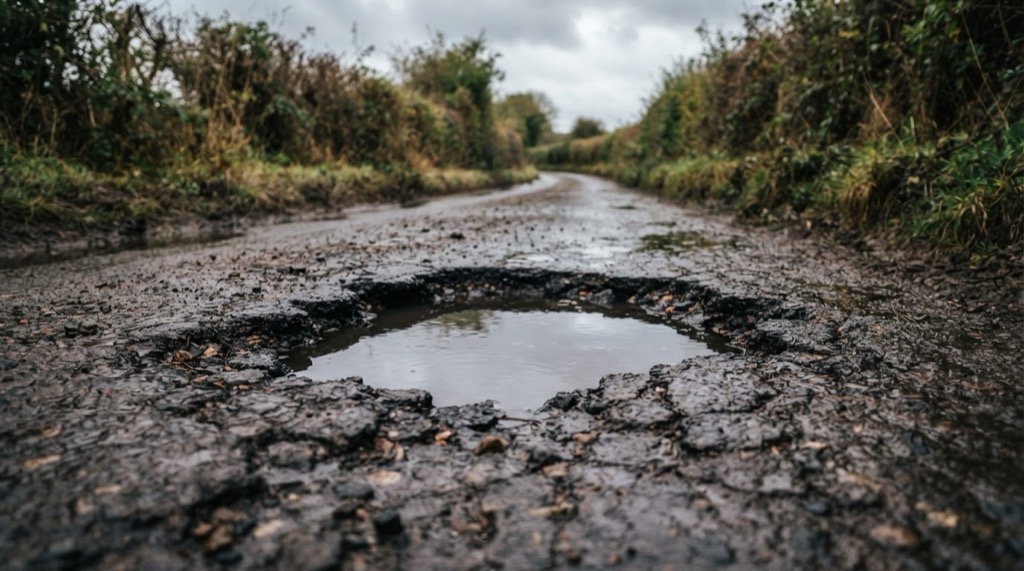 A deep water filled pothole in a British country lane with cracked tarmac around its edge