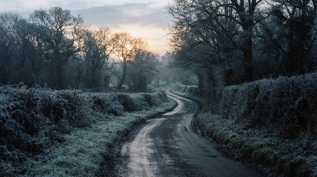 A frosty British country lane at dawn with low winter sun through bare trees
